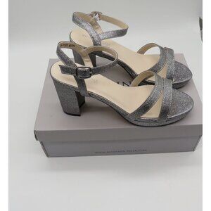 Benjamin Walk Silver Glitter Block Heel Sandals Ankle Strap Buckle Closure 7 NEW